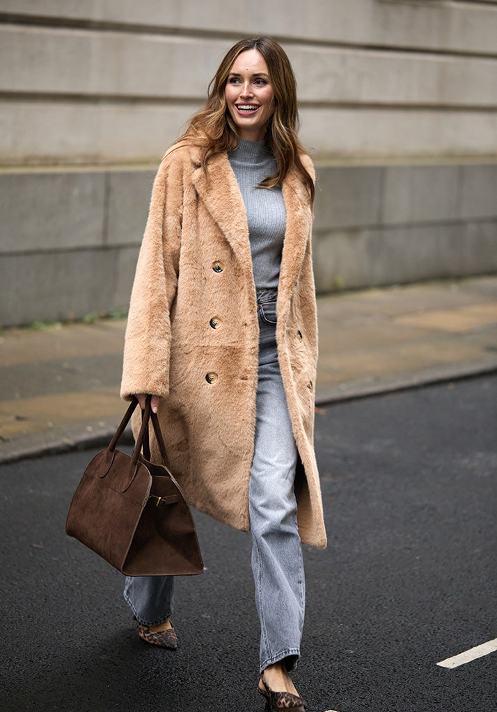 Emma Longline Faux Fur Coat In Brown