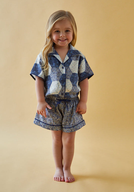 Girls patchwork Printed  Shirt and Short Pyjama Set with piping detail in Blue