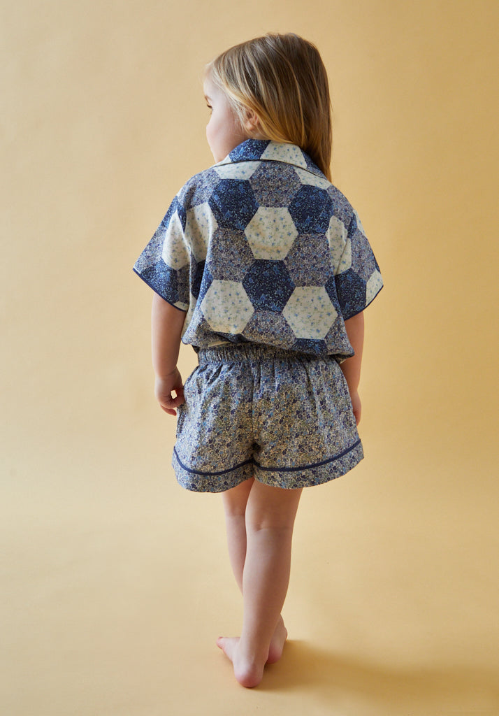 Girls patchwork Printed  Shirt and Short Pyjama Set with piping detail in Blue