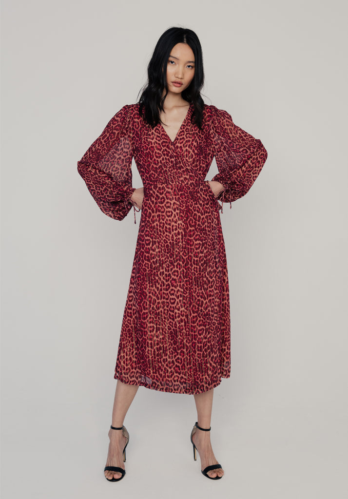 Fifi Leopard Midi Dress in Burgundy