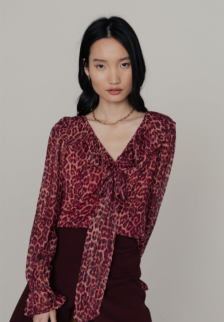 Joni Leopard Blouse in Burgundy