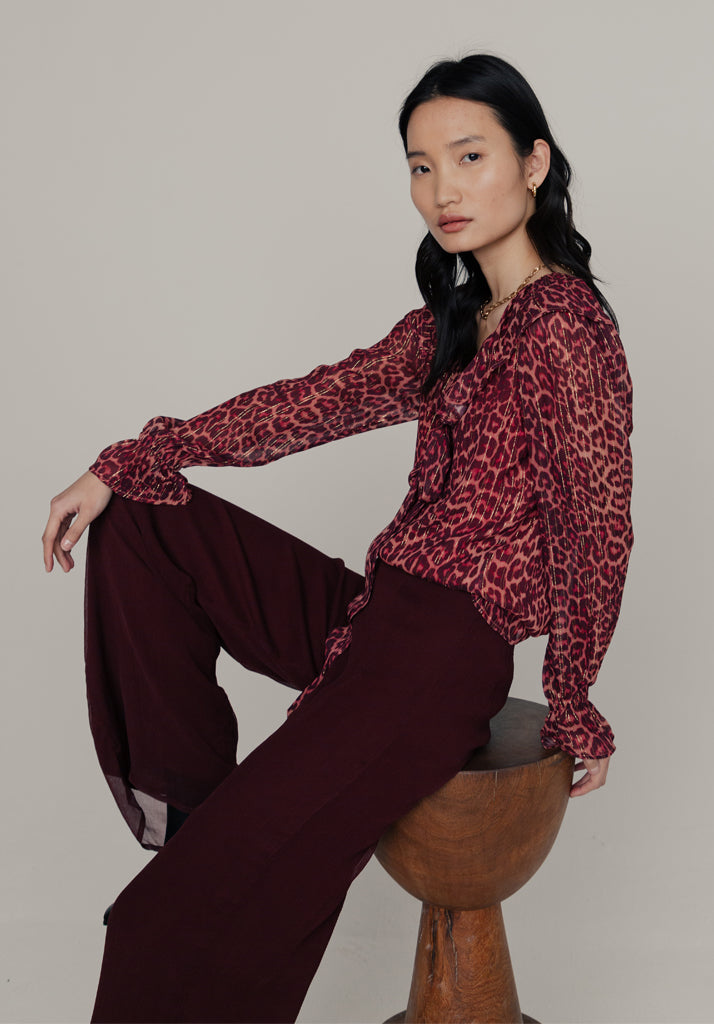 Joni Leopard Blouse in Burgundy