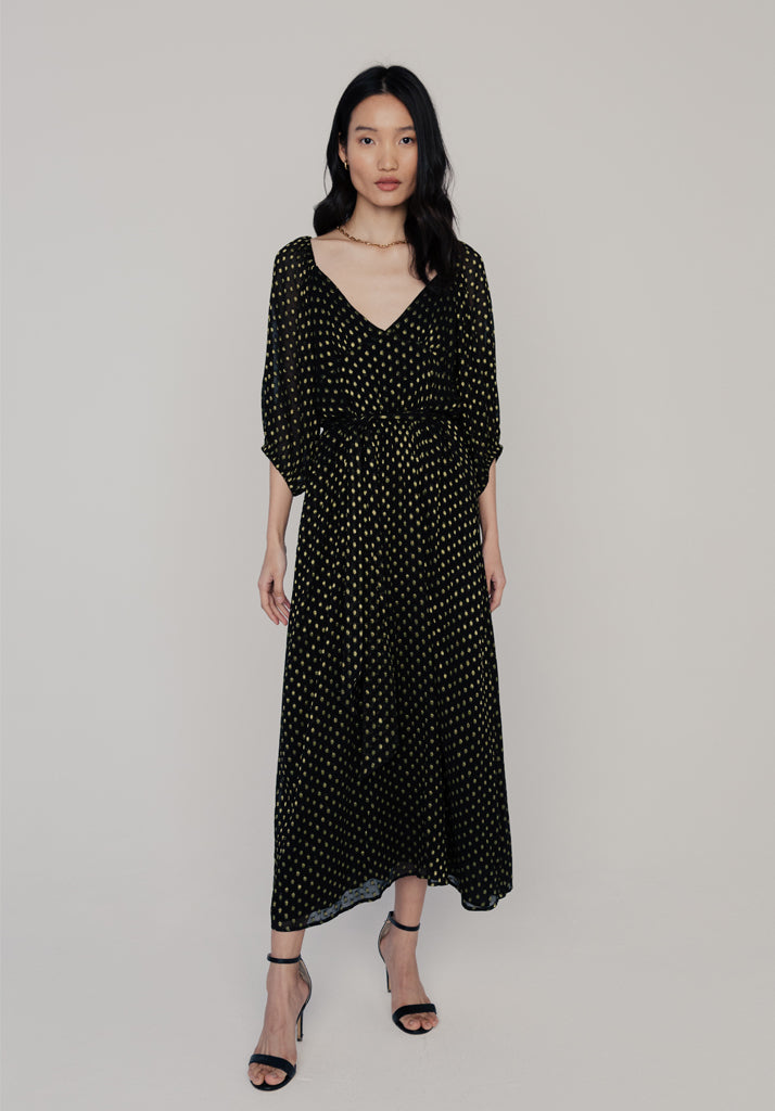 Katherine Gold Spot Midi Dress in Black