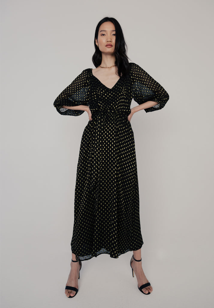 Katherine Gold Spot Midi Dress in Black