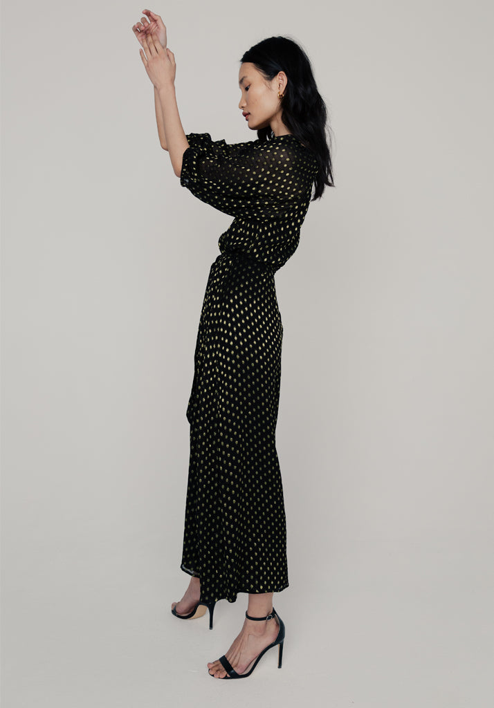 Katherine Gold Spot Midi Dress in Black