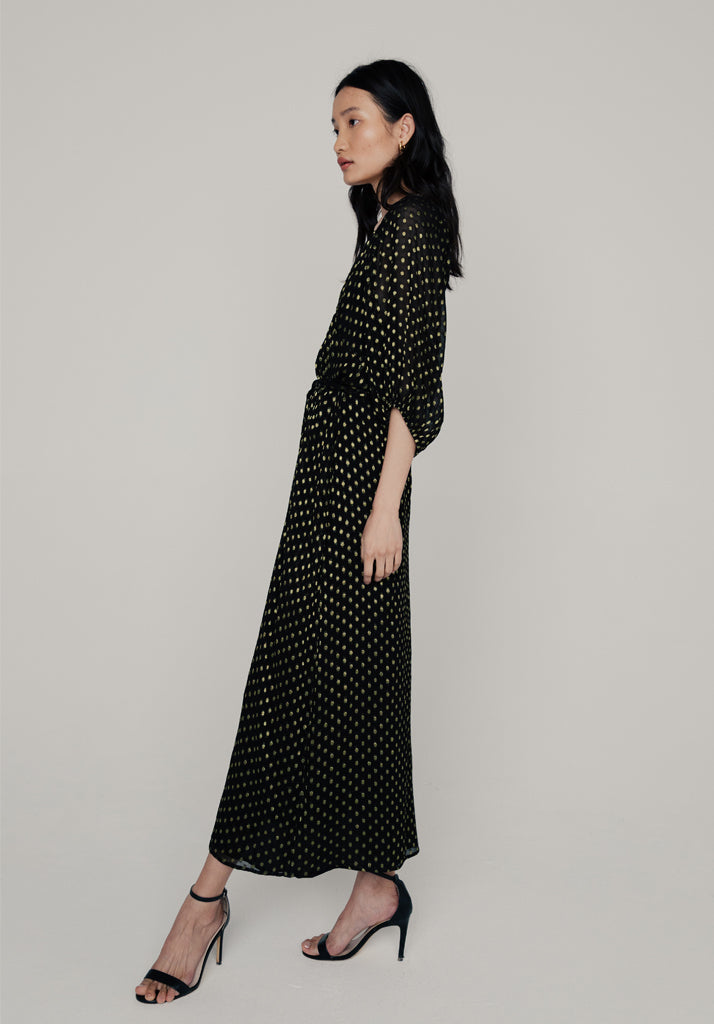 Katherine Gold Spot Midi Dress in Black