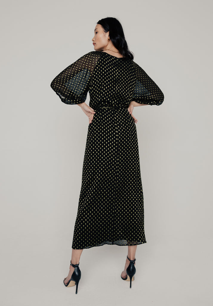 Katherine Gold Spot Midi Dress in Black