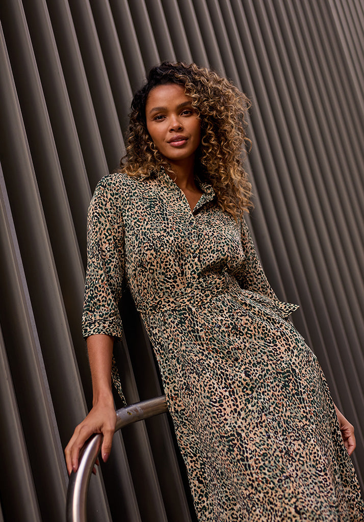 Claire Button Down Leopard Print Midi Dress In Green