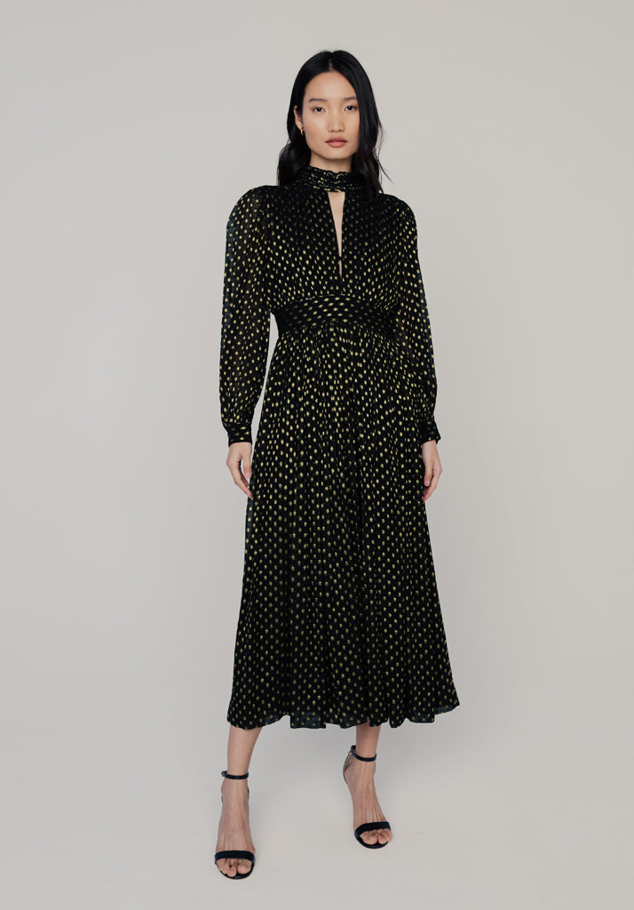 Marianne Gold Spot Midi Dress in Black