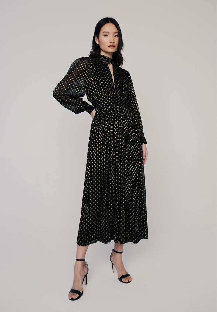 Marianne Gold Spot Midi Dress in Black