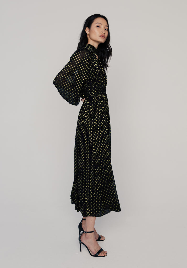 Marianne Gold Spot Midi Dress in Black