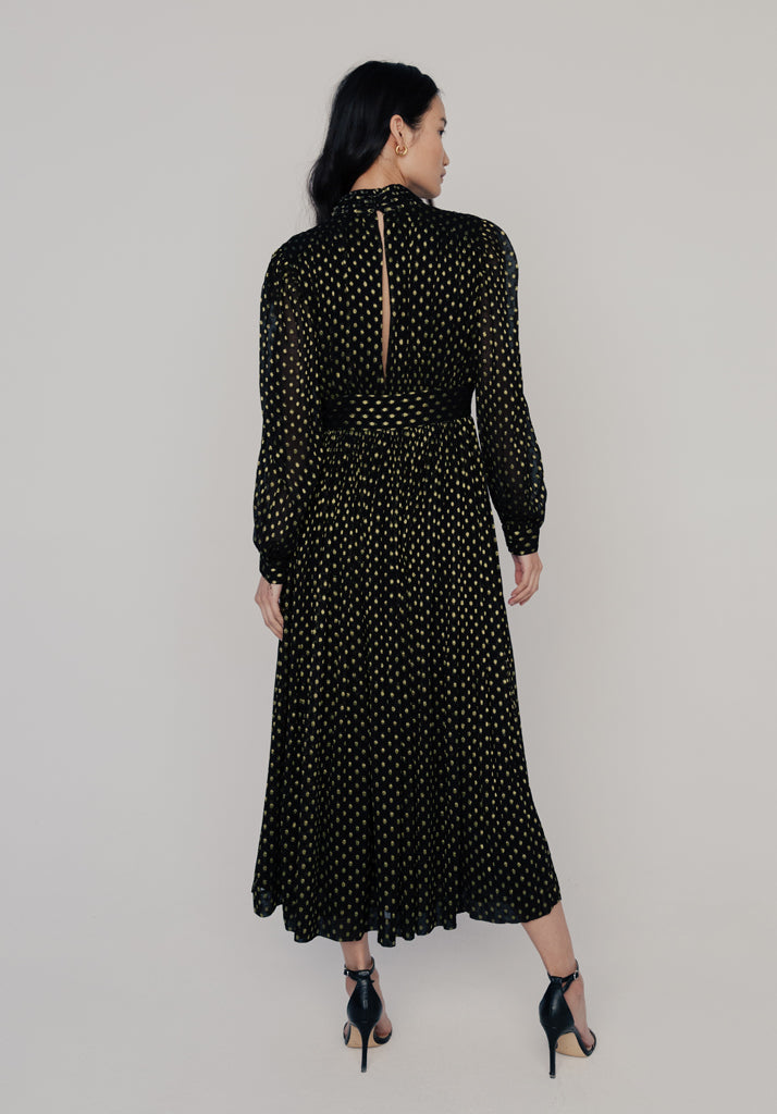 Marianne Gold Spot Midi Dress in Black